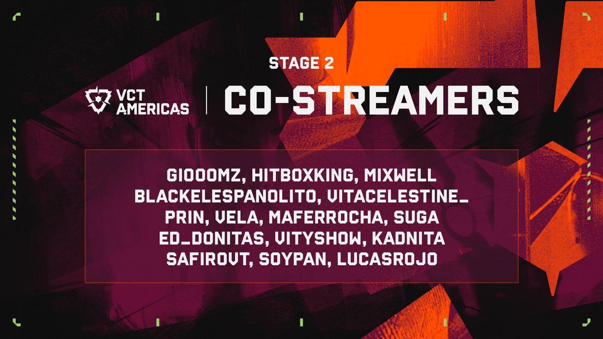 VALORANT Esports LATAM (@valesportsla) on Twitter photo ¡Disfruta el Stage 2 de #VCTAmericas en tu idioma con nuestros co-streamers oficiales! 🎤🔥
📺 <a href="/giooomz/">giooo</a>
📺 <a href="/HITBOXKING/">HITBOXKING</a>
📺 <a href="/Mixwell/">OTK m1xwell</a>
📺 <a href="/BlackEspanolito/">KOI Black</a>
📺 <a href="/vitacelestine/">Vita Celestine</a>
📺 <a href="/prin_vlr/">prin 🏹</a>
📺 <a href="/MaffyRocha/">🌸 MaferRocha 🌸</a>
📺 <a href="/suga_vct/">Suga</a>
📺 <a href="/Ed_Donitas/">Ed_Donitas</a>
📺 <a href="/vityshow/">vitysh0w</a>
📺 <a href="/_CamilaDam_/">KADnita</a>
📺 <a href="/SafiroVT/">Safiro</a> ¡Disfruta el Stage 2 de #VCTAmericas en tu idioma con nuestros co-streamers oficiales! 🎤🔥
📺 <a href="/giooomz/">giooo</a>
📺 <a href="/HITBOXKING/">HITBOXKING</a>
📺 <a href="/Mixwell/">OTK m1xwell</a>
📺 <a href="/BlackEspanolito/">KOI Black</a>
📺 <a href="/vitacelestine/">Vita Celestine</a>
📺 <a href="/prin_vlr/">prin 🏹</a>
📺 <a href="/MaffyRocha/">🌸 MaferRocha 🌸</a>
📺 <a href="/suga_vct/">Suga</a>
📺 <a href="/Ed_Donitas/">Ed_Donitas</a>
📺 <a href="/vityshow/">vitysh0w</a>
📺 <a href="/_CamilaDam_/">KADnita</a>
📺 <a href="/SafiroVT/">Safiro</a>