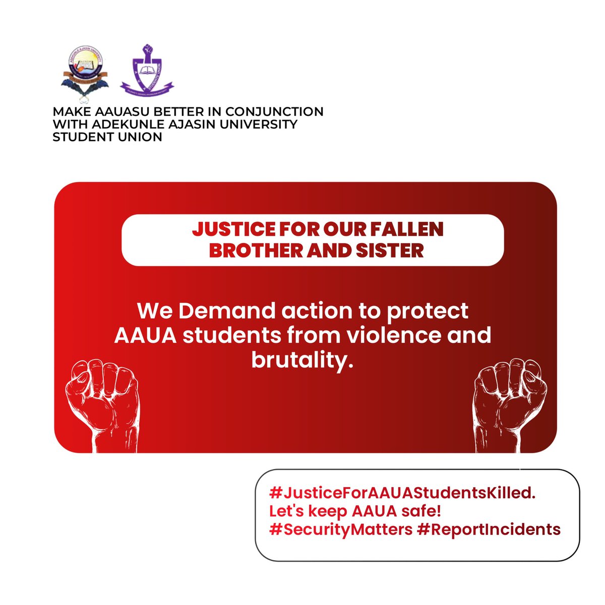 SamuelAbod38410's tweet photo. Our students deserve to feel safe on campus. Let's work together to prevent such tragedies in the future 

#KeepAAUASafe
#JusticeForAAUAStudentsKilled

@vdmempire @sowore @MaziTunde @donrichy1505  @OndoStateOnline @PoliceNG @GuardianNigeria https://t.co/9vpBbLtDxK
