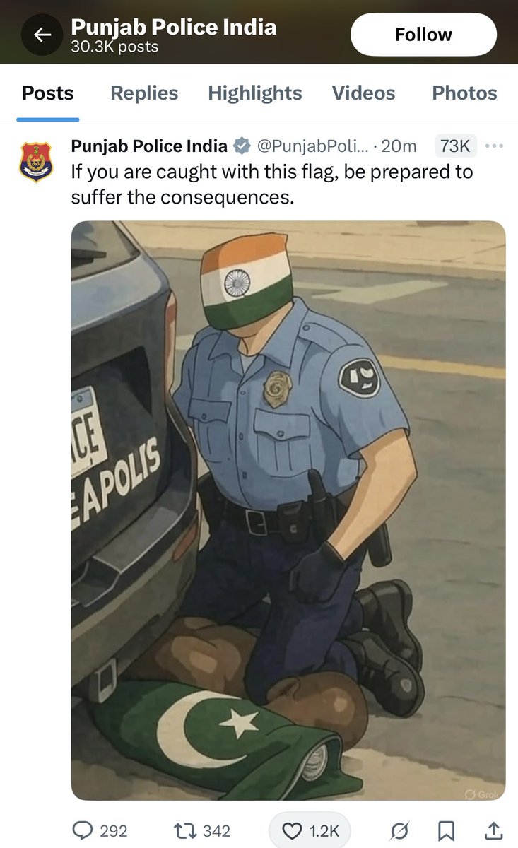 Joydas's tweet image. This is an actual tweet by Punjab Police India. They chose an image which depicts the worst racism and police brutality in US to score a point. This image was viral worldwide to represent Police Atrocity but Punjab Police thought this is what they stand for