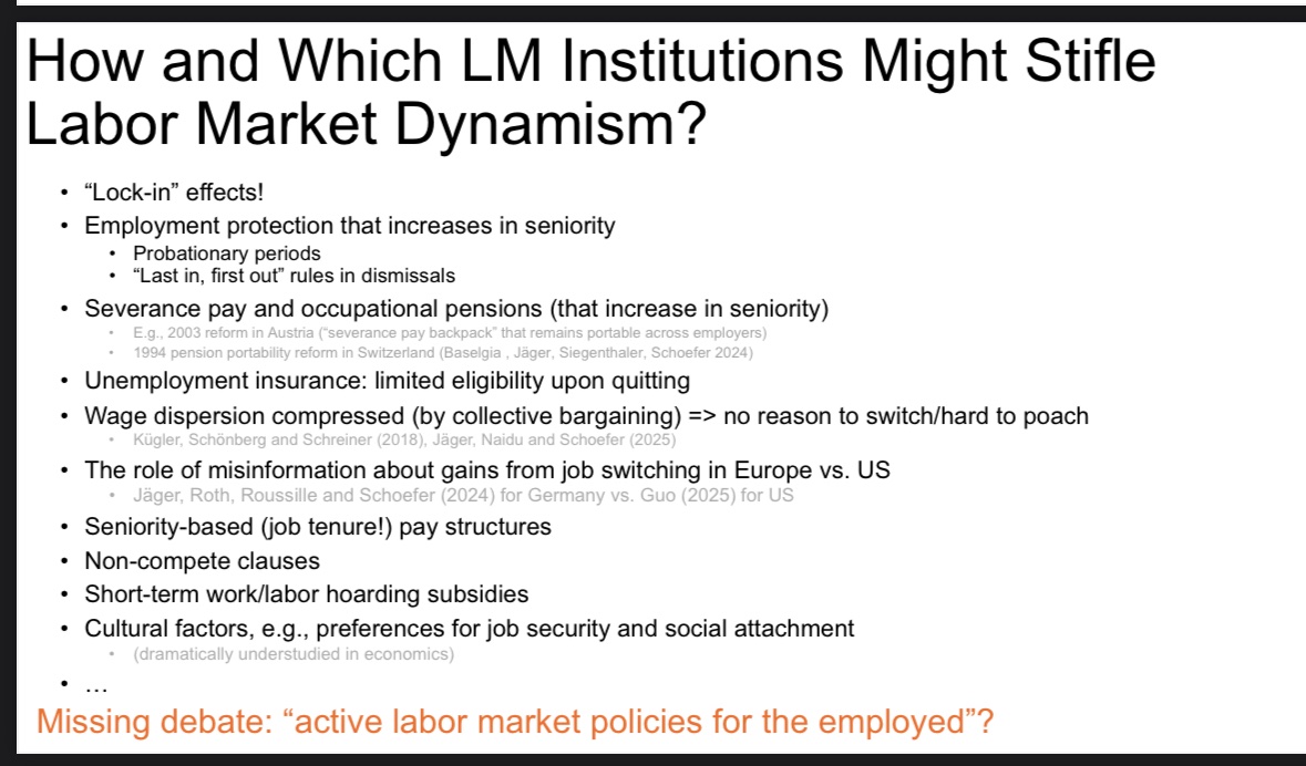 Nice, high-level look at the lack of dynamism in European labor markets. The key is not the (oft-cited) high rates of youth &amp; long-term unemployment, but instead the low rates of job switching &amp; dismissal.

The result is an economy where younger sectors &amp; firms struggle to grow.