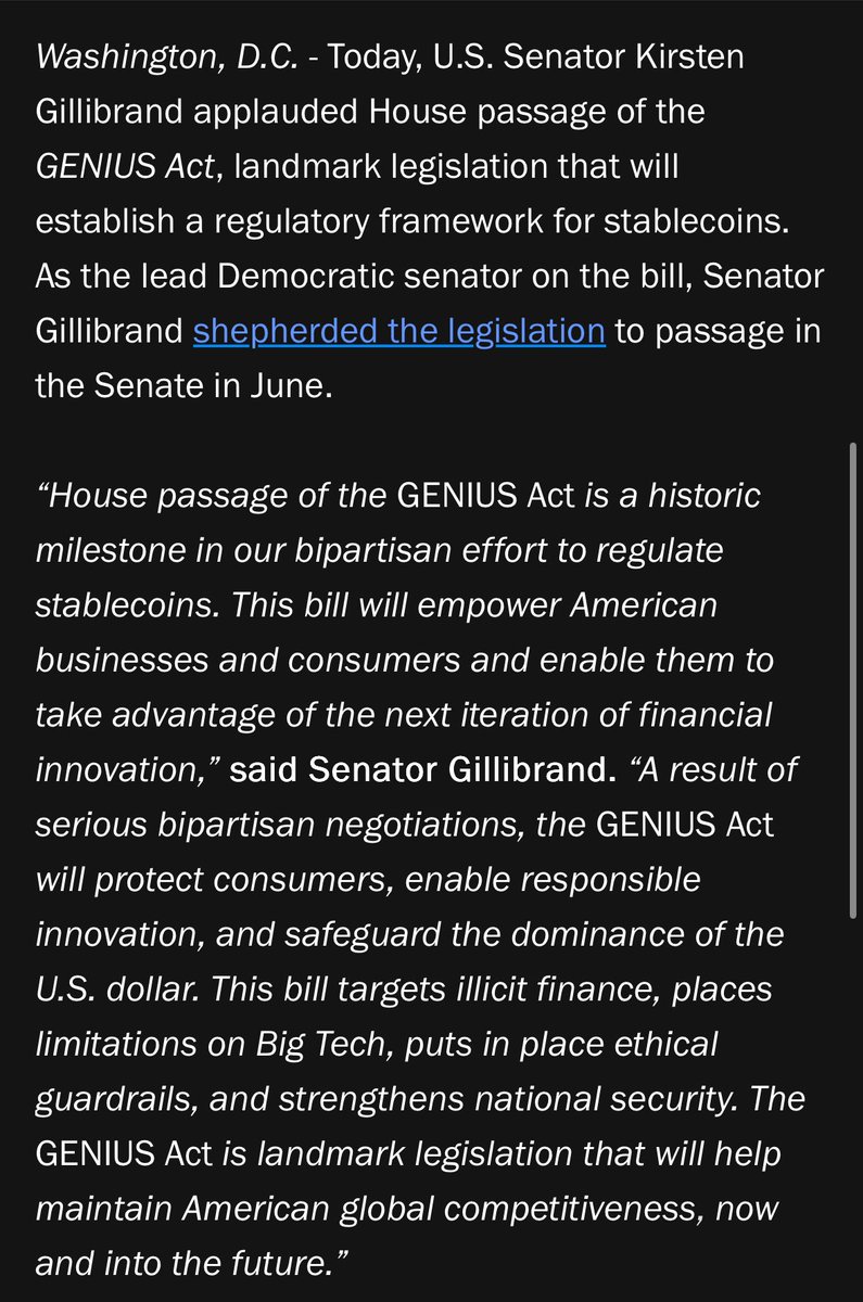AlexBGault's tweet image. Gillibrand cheers the House passage of GENIUS, a crypto regulation bill she’s pushed for. This is the first time this year I’ve read a statement from the Senator cheering anything the lower chamber has done.
