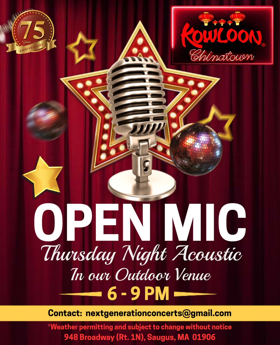 KowloonSaugus's tweet image. Tonight! Thursday Nights Acoustic Open Mic in our Outdoor Venue from 6pm - 9pm.
One Single or Duet will be picked to perform a paid gig in our outdoor venue!
If interested, please fill out the attached form from Next Generation Concerts .
Play at Kowloon: Outdoor Open Mic…