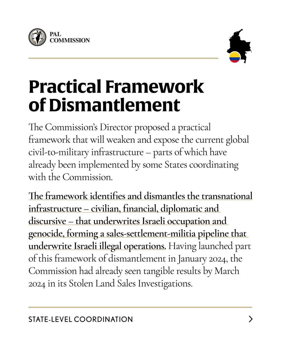 PAL Commission presents practical framework to dismantle and expose the current global civil-to-military infrastructure that sustains the genocide in Gaza and the occupation of Palestine at Experts’ Briefing for The Hague Group Emergency Meeting in Bogotá, Colombia. 

1/2 ⤵️