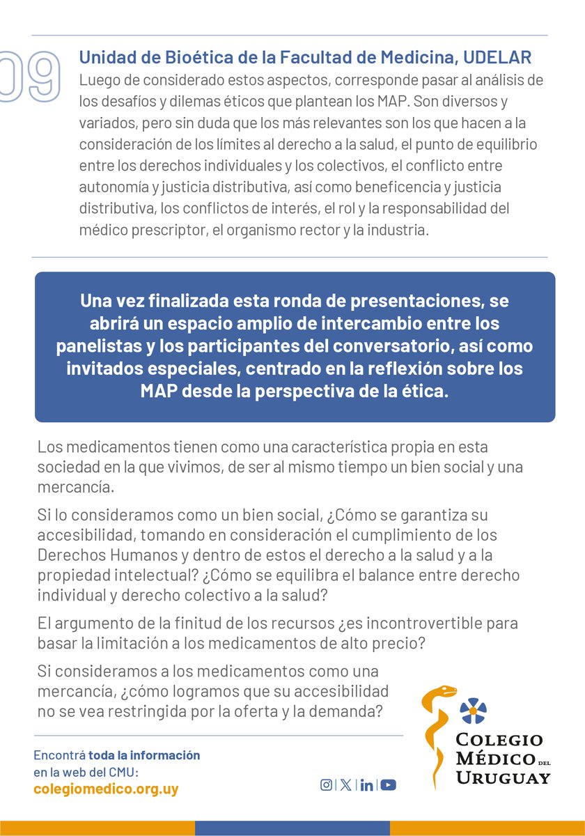 Los invitamos a participar del “Conversatorio sobre medicamentos de alto precio”.

El CMU reflexiona desde la bioética junto a otras instituciones, los problemas que plantean los MAP.

🗓️ 24/07, 18 h
🙋🏽‍♀️▶️ Modalidad híbrida
⚠️ Cupos limitados.
✏️ Inscripciones en la web de CMU.