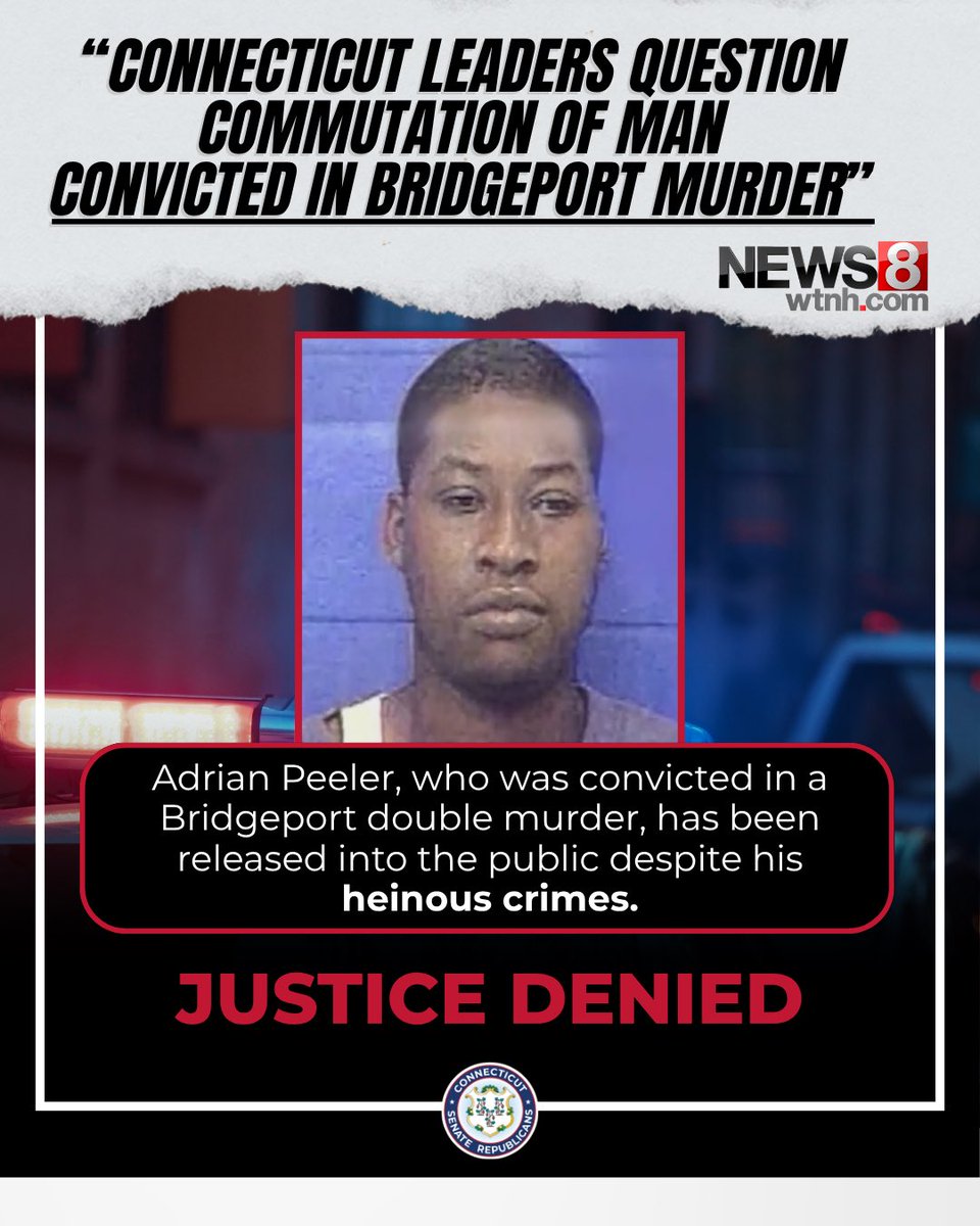 CTSenateGOP's tweet image. 🚨 In 1999, Adrian Peeler brutally murdered Karen Clarke and her 8-year-old son. Now, after clemency from President Biden, he walks free.
This isn’t justice—it’s a slap in the face to victims’ families and a threat to public safety. We stand with the Clarke family and will keep…