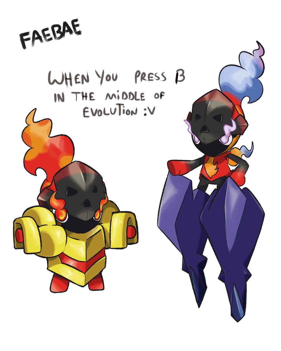 baefakemon's tweet image. When you press B in the middle of evolution of your Charcadet
Yeah, Ceruledge get big boots and Armarouge uses a big armor. It's just a meme design, inspired by a member idea. i found it so funny, so why not?
but if for some reason u wanna adopt these designs, DM me lol :v