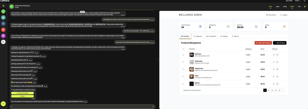 JoshHQ's tweet image. I cloned the Brilliance Jewelry App from Caffeine AI marketplace and rebuilt it as a POS for a coffee shop βοΈ in two prompts #ICP #CaffeineAI