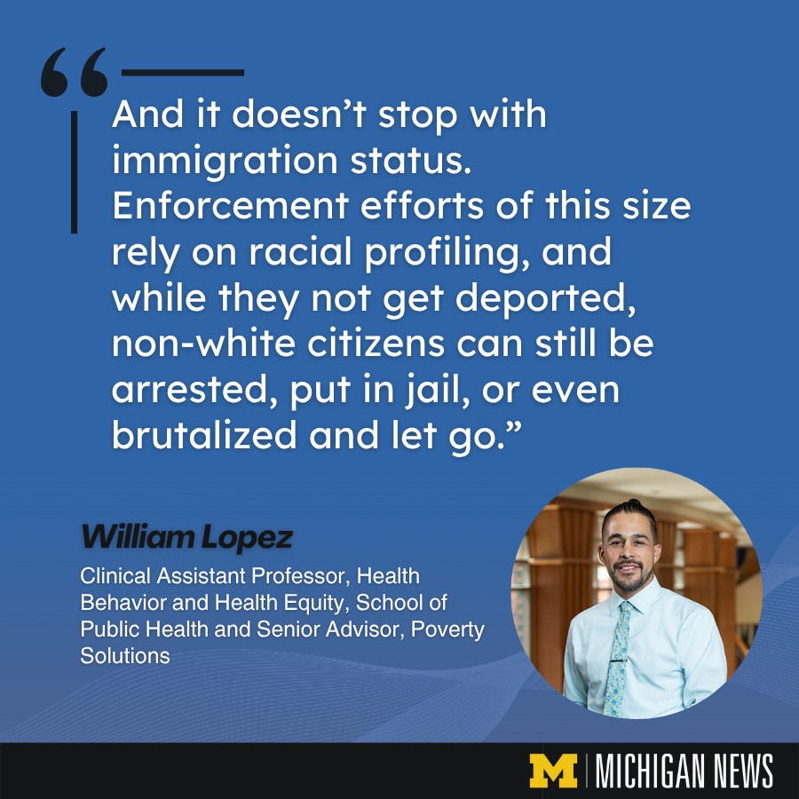UMichiganNews's tweet image. How might the public arrests in Los Angeles impact the health of Latino communities in the area?
William D Lopez, Clinical Associate Professor of Health Behavior & Health Equity @umichsph, discusses how changes in laws surrounding immigration create fear in leaving homes, even…