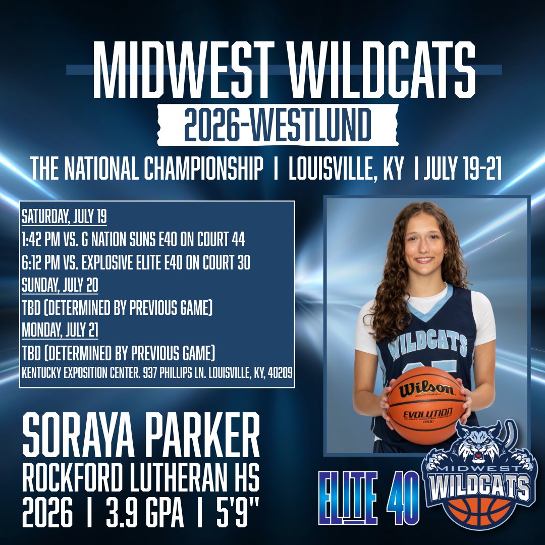 Midwest Wildcats Basketball (@midwestwildcats) on Twitter photo Soraya Parker has been a force for 2026-Westlund, heading into The National Championship in Louisville. She is averaging 14 points, 3.6 rebounds, and 2.3 steals per game. Game 1 tips off Saturday, July 19 at 1:42 PM on Court 11. Let’s go, <a href="/SorayaParker25/">Soraya Parker</a> ! 🔥🏀 Soraya Parker has been a force for 2026-Westlund, heading into The National Championship in Louisville. She is averaging 14 points, 3.6 rebounds, and 2.3 steals per game. Game 1 tips off Saturday, July 19 at 1:42 PM on Court 11. Let’s go, <a href="/SorayaParker25/">Soraya Parker</a> ! 🔥🏀
