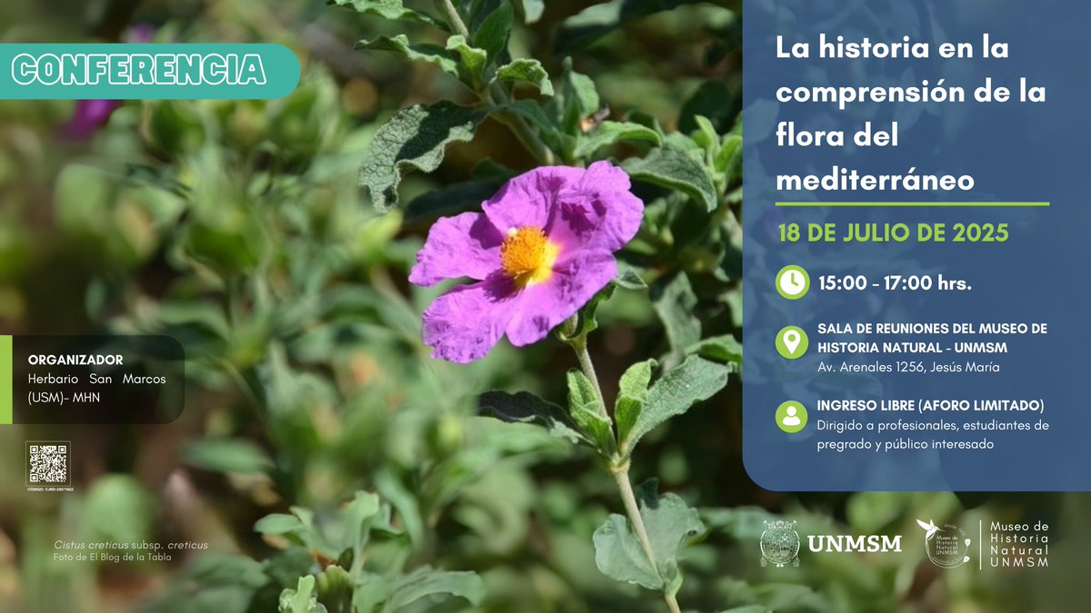 Conferencia "La historia en la comprensión de la flora del mediterráneo"
📅viernes 18 de julio
⏰15:00 - 17:00 h.
📍Sala de reuniones del Museo de Historia Natural - UNMSM (Av. Arenales 1256, Jesus María)
💸Evento gratuito (Aforo limitado).