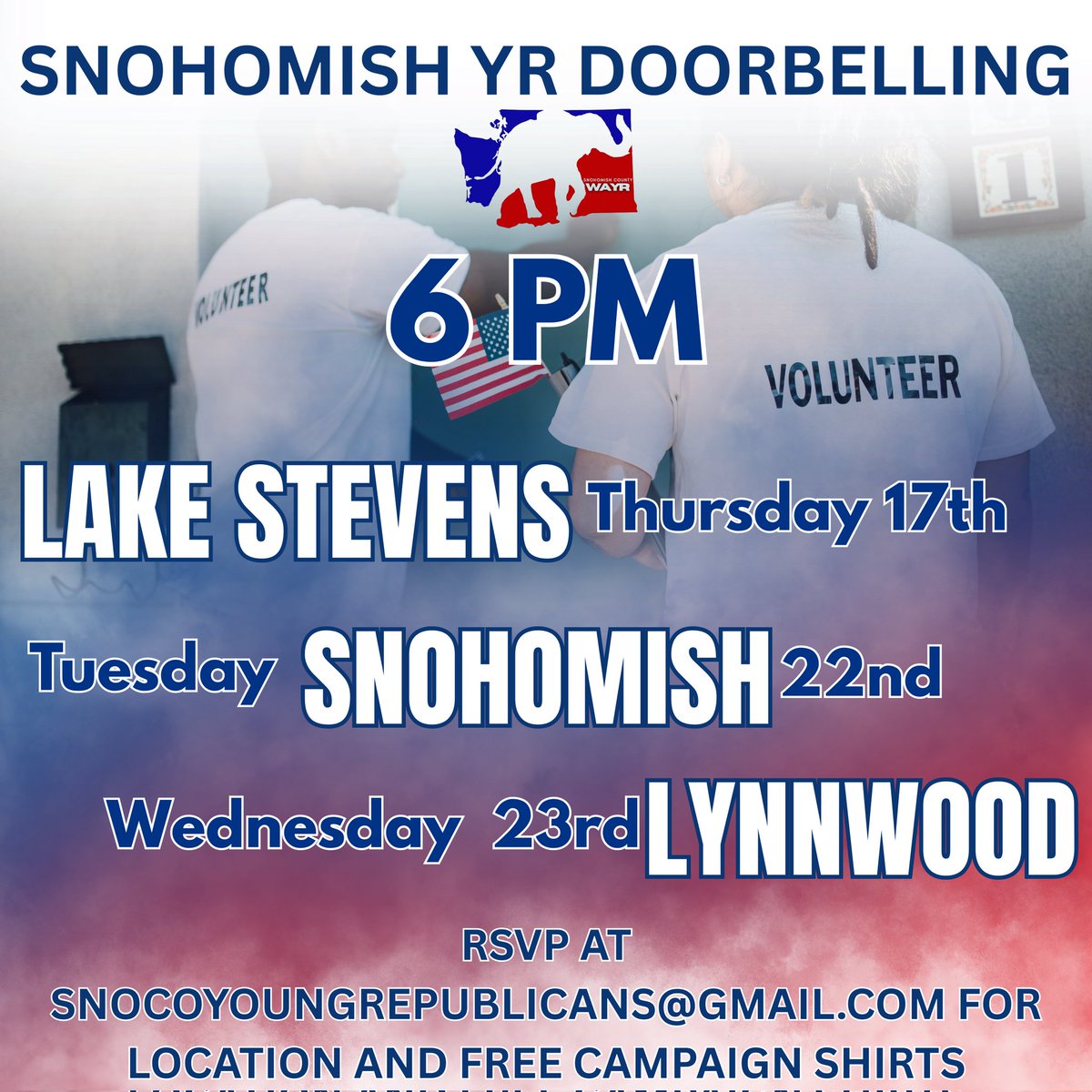 WSYRs18_40's tweet image. The Snohomish YRs are out doorbelling these next two weeks!
RSVP at snocoyoungrepublicans@gmail.com to join them. ๐๐บ๐ฒ๐บ๐ฒ