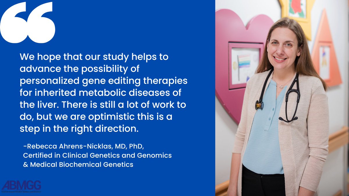 TheABMGG's tweet image. ABMGG Diplomate, Dr. Rebecca Ahrens-Nicklas, was recently featured in The New York Times for her work @ChildrensPhila. Her patient, a baby with CPS1 deficiency, was treated using the world’s first custom gene-editing therapy. Read the full article here: shorturl.at/1Ym0P
