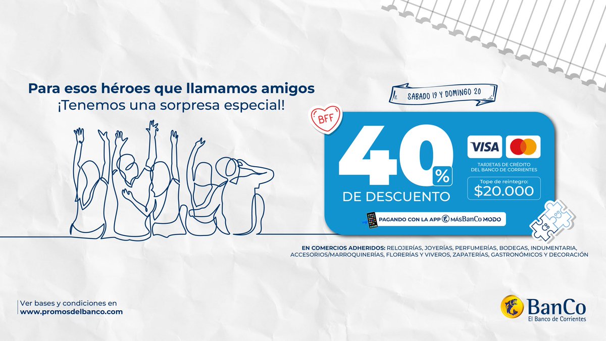 BancodeCtes's tweet image. Este sábado 19 y domingo 20, celebramos a lo grande a esos héroes que llamamos amigos 💙

Si pensabas en un regalo, una salida o simplemente un buen plan compartido, el BanCo te trae una sorpresa 🎁👉 40% de descuento pagando con tus tarjetas de crédito a través de nuestra app…