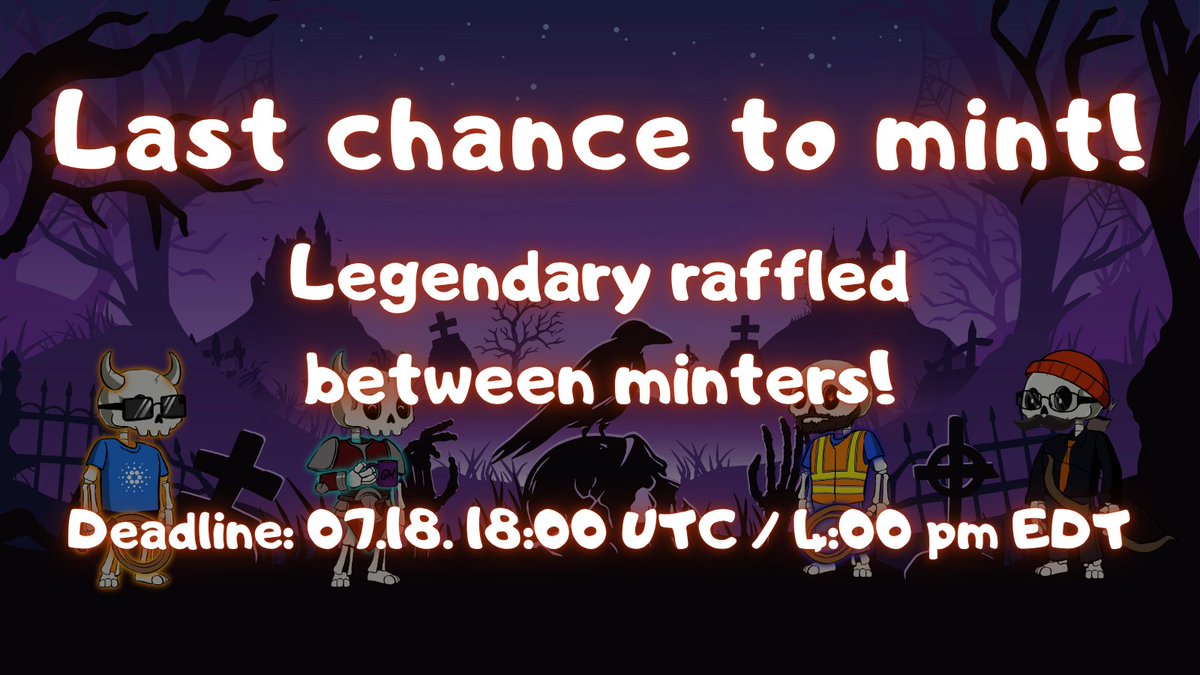 Last chance to mint! Mint closes at 07.18. 18:00 UTC / 4 pm EDT 🔥🔥
A Legendary is raffled between last day's minters
Lifelong passive income and many other utilities
Check Discord for special bundles!
Mint now: mints.yepple.io/necroleague
Become a legend with <a href="/necroleague/">Necro League</a> #Cardano