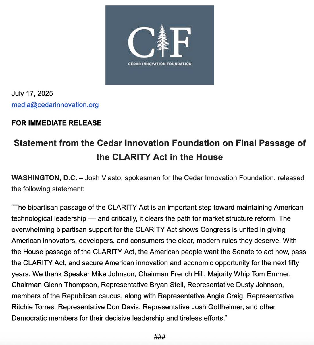 CIF statement on the final passage of the CLARITY Act: