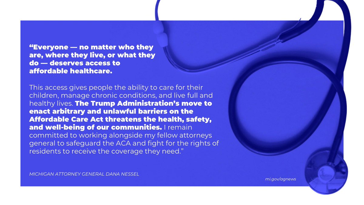MIAttyGen's tweet image. @miattygen Dana Nessel joined a multistate coalition in filing a lawsuit challenging an unlawful final rule promulgated by the U.S. Department of HHS & CMS that would create significant barriers to obtaining healthcare coverage under the ACA. Read more at mi.gov/agnews