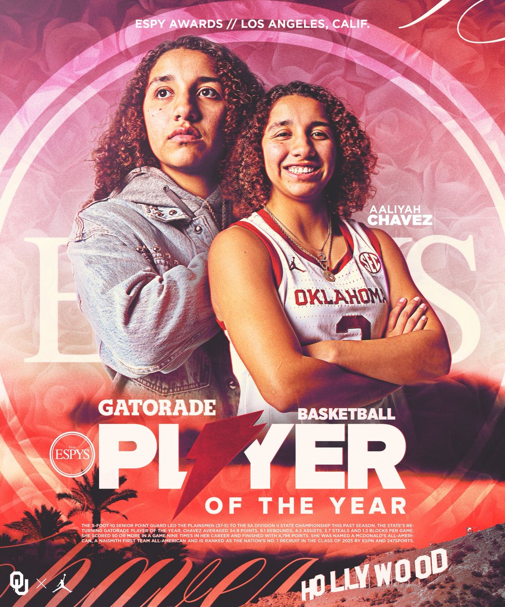 OU_WBBall's tweet image. Made for the big stage ✨
Big congrats to @AALIYAH2CHAVEZ for being an ESPY Award’s finalist for @Gatorade Best Female Player of the Year!