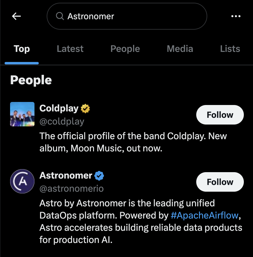 BlueATLGeorgia's tweet photo. If you search 'Astronomer', the Coldplay account is the first suggestion.

Never leaving this hellsite. https://t.co/G89ncIBXFH