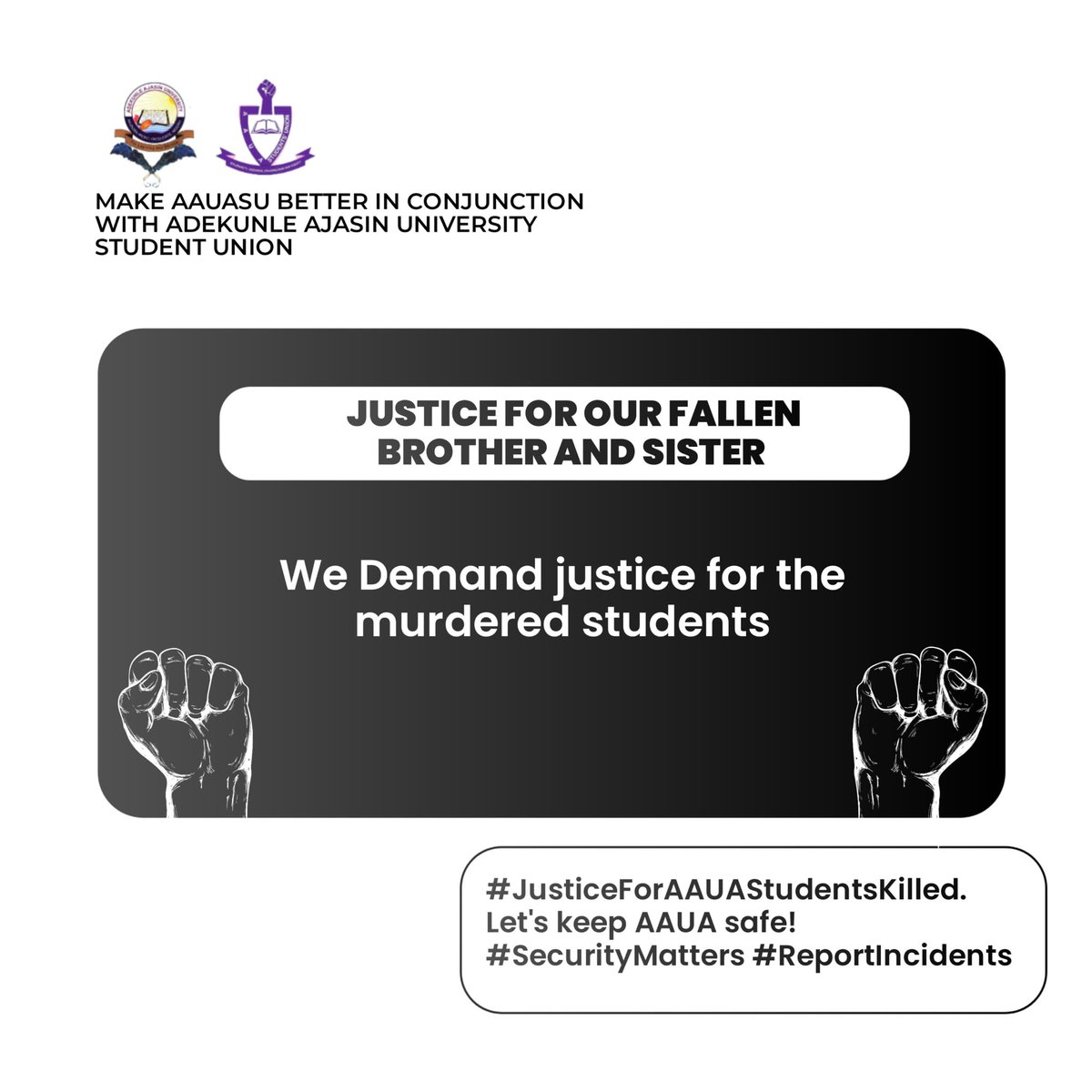 SamuelAbod38410's tweet photo. The killers of our students MUST face the full wrath of the law. Justice must be served!!!

#KeepAAUASafe
#JusticeForAAUAStudentsKilled

@vdmempire @sowore @MaziTunde @donrichy1505  @OndoStateOnline @PoliceNG @GuardianNigeria https://t.co/ypOxRVedOf