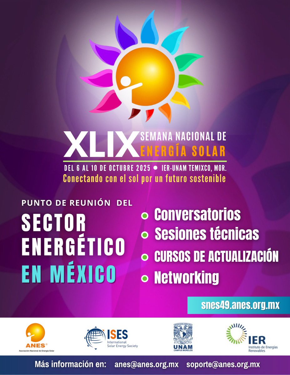 🌞 ¡Nuestro evento anual ya está aquí!

Del 6 al 10 de octubre de 2025, te esperamos en la XLIX Semana Nacional de Energía Solar.

📍 IER-UNAM, Temixco, Morelos
🌐 snes49.anes.org.mx

🔥 ¡Sé parte de esta edición !
#SNES49 #NuestroEventoAnual #EnergíaSolar #ANES