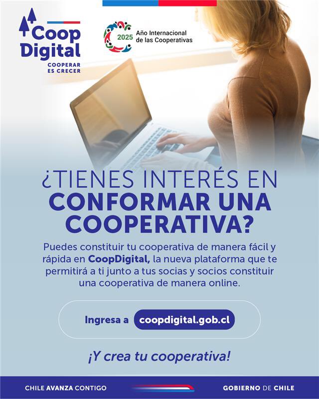 👉¿Cuáles son las ventajas de usar CoopDigital? 💻 Se reducirán los tiempos de constitución, se digitalizarán los procesos y el trámite será más barato.
 
✅¡Ya lo sabes! Si tienes un emprendimiento asociativo ingresa a coopdigital.gob.cl, completa los pasos a seguir y crea