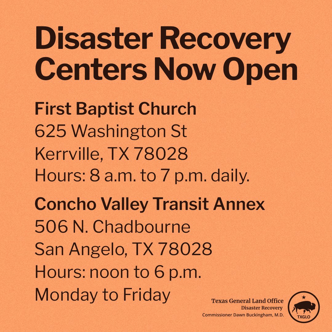 TXGLO's tweet image. 📢 Disaster Recovery Centers Now Open in Kerrville and San Angelo!
Federal individual assistance is currently available for residents in Burnet, Kerr, San Saba, Tom Green, Travis, and Williamson Counties.
If you need help applying, visit a DRC to get in-person assistance. You…