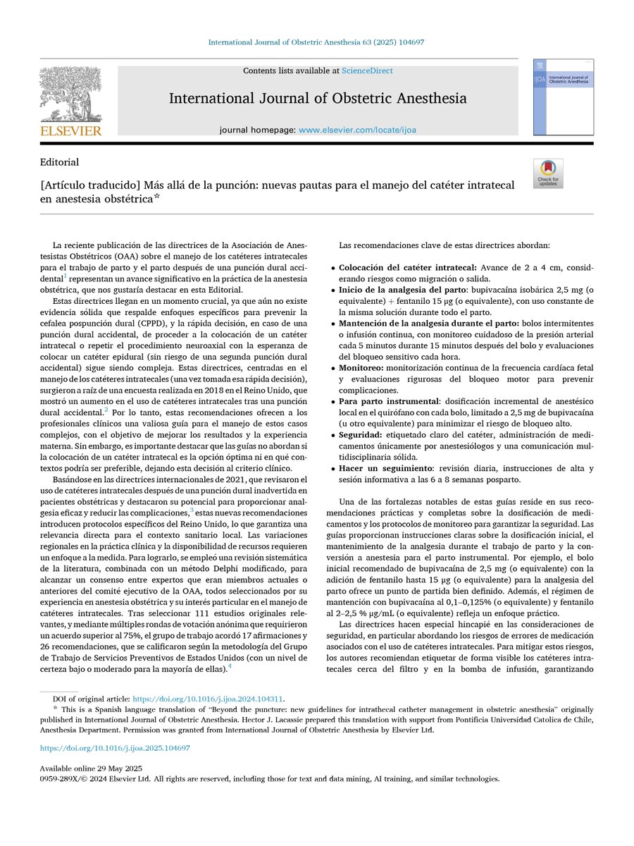 SIAPBMoficial's tweet image. Las nuevas pautas para el manejo del catéter intratecal en #AnestesiaObstétrica proporcionan una hoja de ruta para el manejo prudente de la #AnalgesiaIntratecal durante el trabajo de parto tras una punción dural inadvertida.