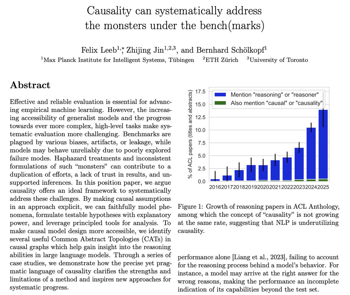 ZhijingJin's tweet image. Check out our nice position paper "Causality can systematically address the monsters under the bench(marks)" led by @felixludos @ZhijingJin @bschoelkopf! This work beautifully explains the role of causal structures for #LLM benchmarking
📄arxiv.org/abs/2502.05085
Key insight:…