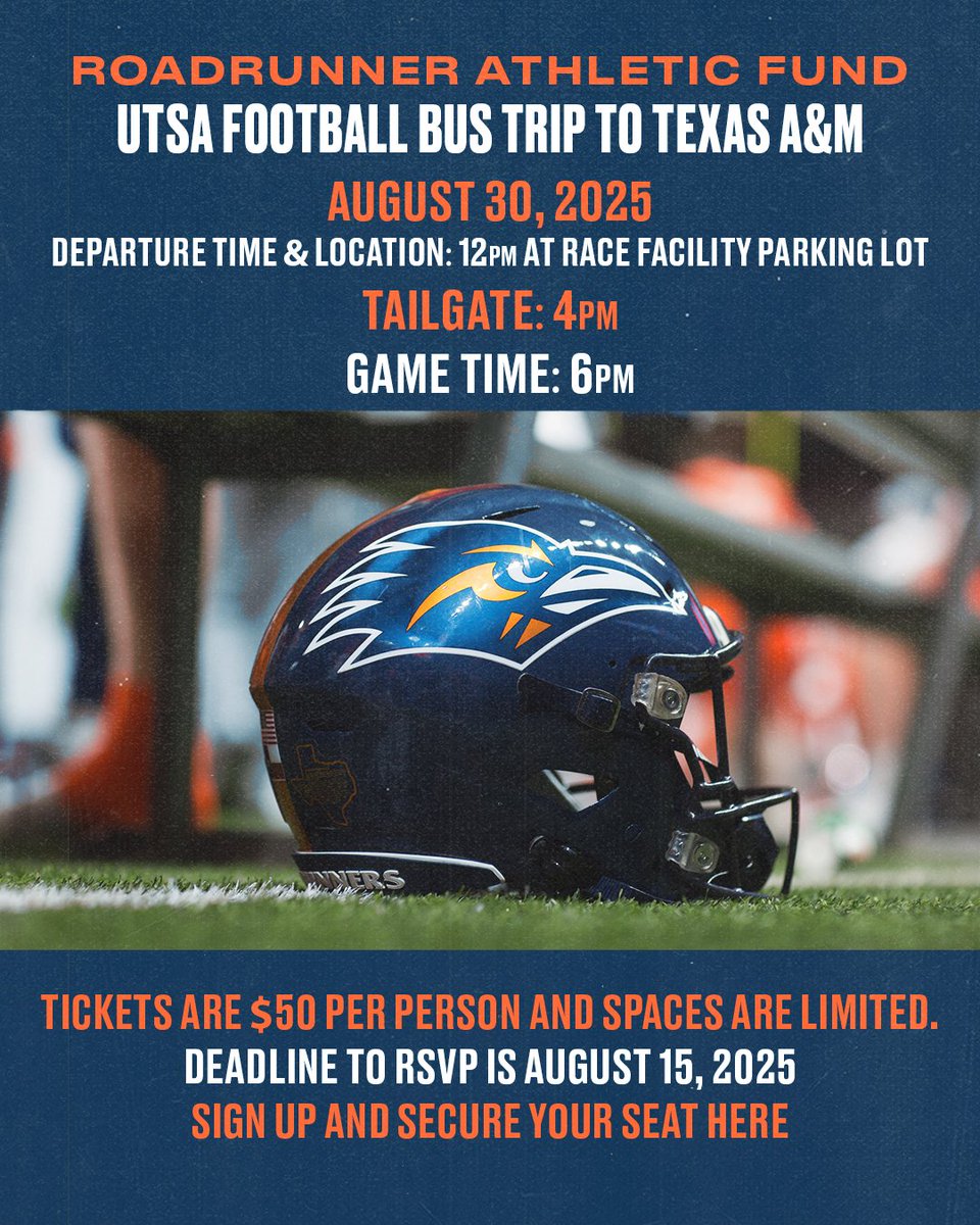 UTSARAF's tweet image. Attention RAF Members🚨
Join us for an exclusive Charter Bus Trip as we travel to Kyle Field to support UTSA Football vs. Texas A&M.🚌🏈
We only have 13 seats left available!
Contact us below to secure your spot🔽
📞: 210-458-4483
✉️: raf@utsa.edu