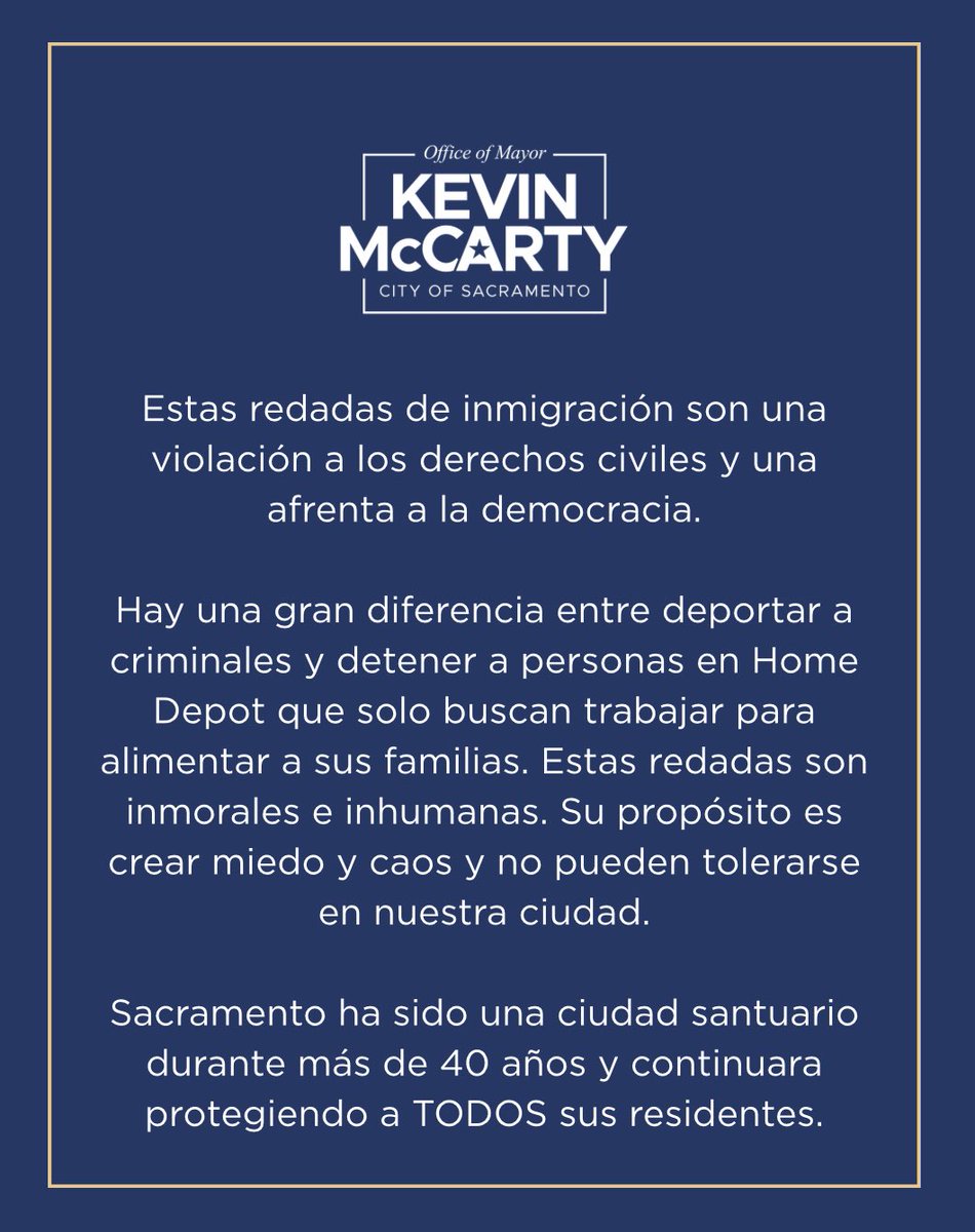 MayorMcCarty's tweet image. Declaración en respuesta a las redadas de inmigración en Sacramento, incluida la realizada hoy en el Home Depot de Florin Road.