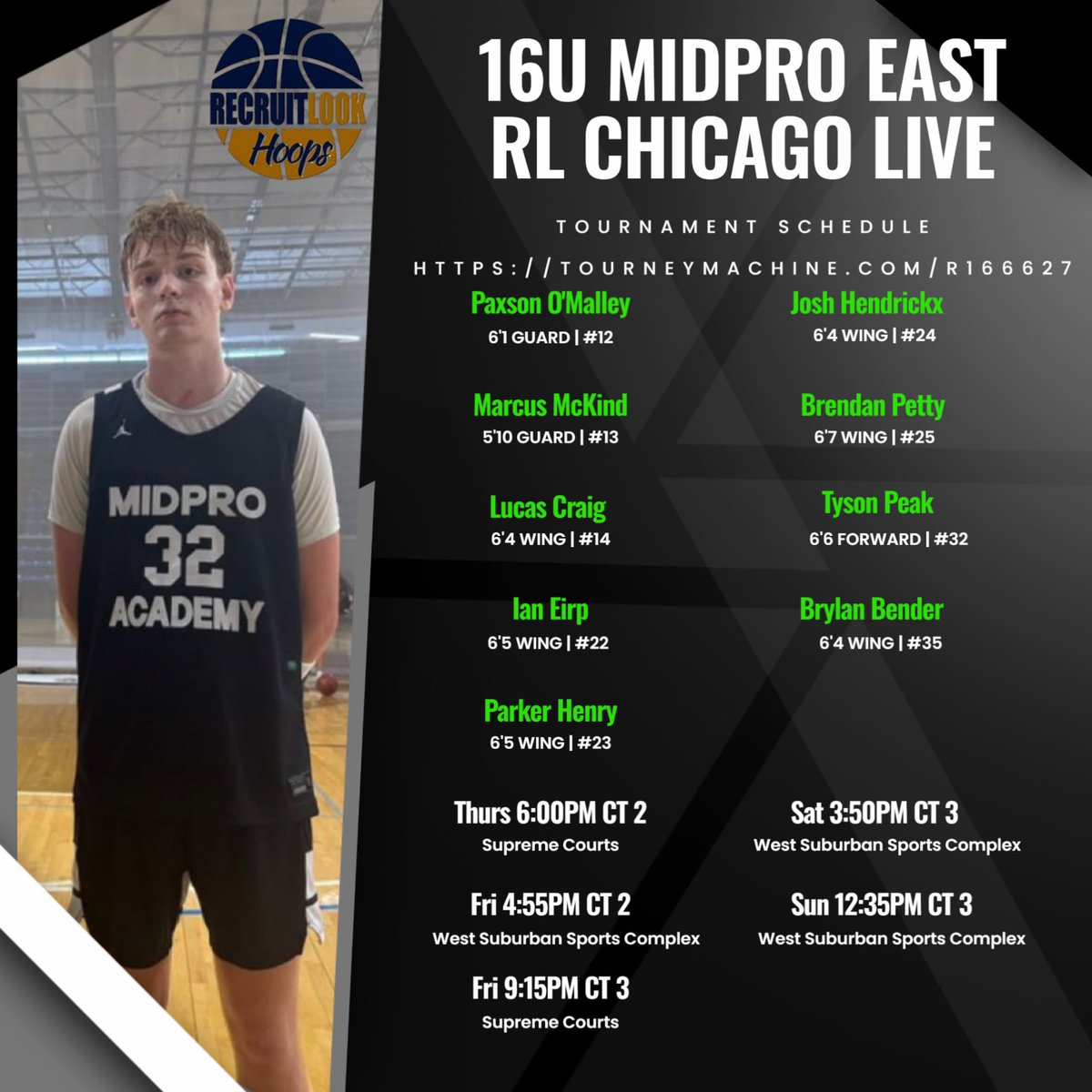 Final Tourney of the Season. Recruit Look Chicago Live! #MidProFam

Schedule: tourneymachine.com/R166627
