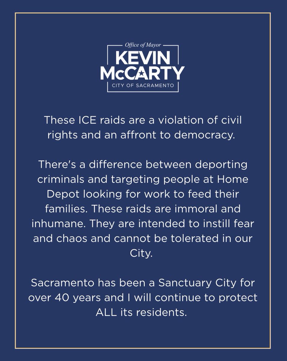 MayorMcCarty's tweet image. A statement in response to ICE raids in Sacramento, including today at the Florin Road Home Depot.