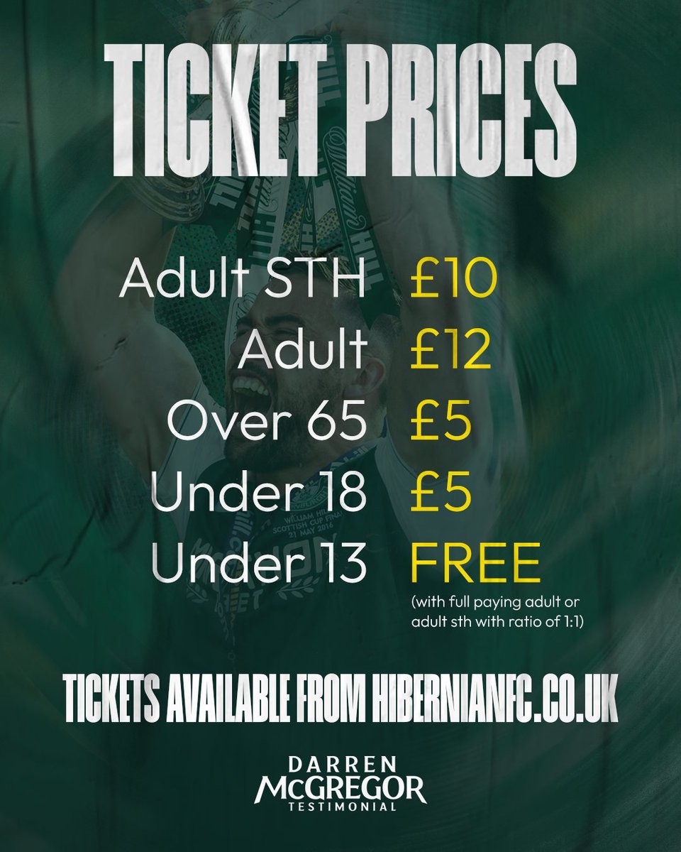 DazTestimonial's tweet image. 🚨 It’s nearly time! 🚨
Celebrate a Hibs legend at the Darren McGregor Testimonial 💚
✅ Adult STH – £10
✅ Adult – £12
✅ Over 65 / U18 – £5
✅ U13 – FREE (with full-paying adult)
Be there 👉eticketing.co.uk/hibernianfc/ED…