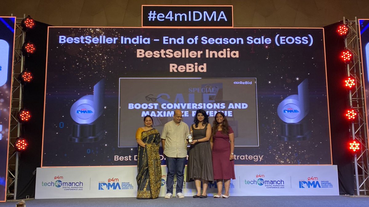 e4m Live (@e4mevents) on Twitter photo Applauding the visionaries setting new standards in digital media innovation! Congrats to the outstanding winners at #e4mIDMA 2025! ๐
Category: Best Data-Driven Marketing Strategy
Winners: <a href="/PantProject/">The Pant Project</a>, <a href="/AmazonAds/">Amazon Ads</a>, <a href="/BSR_India/">Bestseller India</a>, #ReBid
#digitalawards Applauding the visionaries setting new standards in digital media innovation! Congrats to the outstanding winners at #e4mIDMA 2025! ๐
Category: Best Data-Driven Marketing Strategy
Winners: <a href="/PantProject/">The Pant Project</a>, <a href="/AmazonAds/">Amazon Ads</a>, <a href="/BSR_India/">Bestseller India</a>, #ReBid
#digitalawards