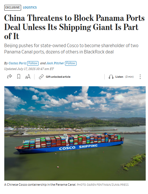#Panama: the <a href="/BlackRock/">BlackRock</a> deal for Hutchison Port Holdings is under threat from #China's regulators. They insist on <a href="/COSCOSHIPPING/">COSCO SHIPPING</a> becoming an equal shareholder with BlackRock and MSC--or no deal.

#LatinAmerica take note--once China gets critical infrastructure, it NEVER lets go.
