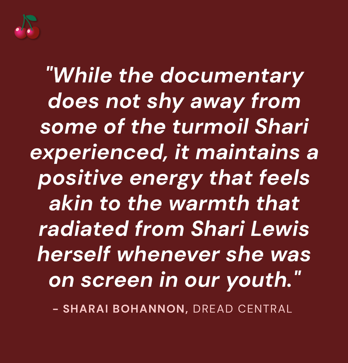 TheCherryPicks's tweet image. SHARI & LAMB CHOP (76% #CherryScore) "...it maintains a positive energy that feels akin to the warmth that radiated from Shari Lewis herself whenever she was on screen in our youth." - @Misssharai, @DreadCentral
Read reviews 🔗: thecherrypicks.com/films/shari-la…