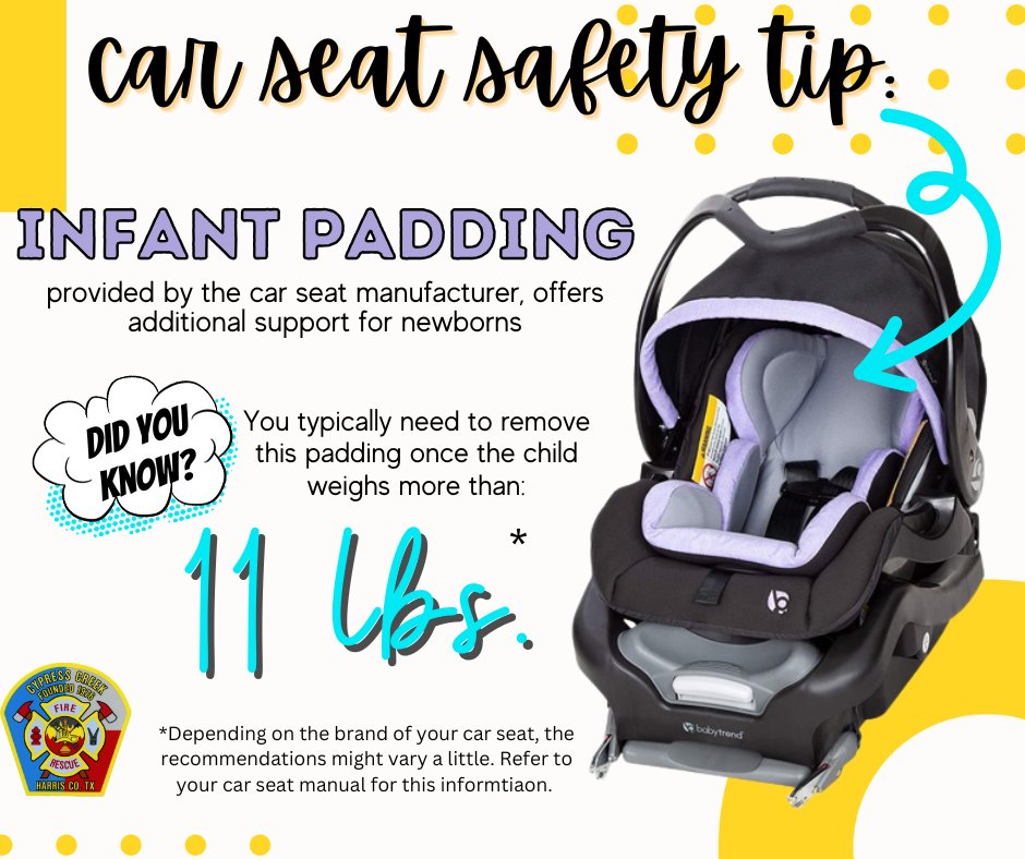 cypresscreekfd's tweet image. 🚗👶 Keep your little one safe and snug! Remember, only use the padding that comes with your car seat—aftermarket products can compromise safety. 💺✅ #CarSeatSafety #InfantProtection #TravelSafe