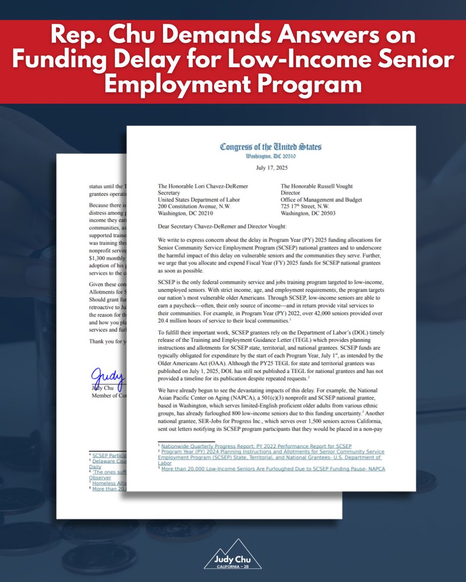 RepJudyChu's tweet image. 1,000s of low-income seniors have been furloughed & entire communities are losing vital services because the Trump Admin has delayed the release of critical job training funds already approved by Congress. It's unacceptable.
@RepJayapal and I sent a letter demanding answers &…