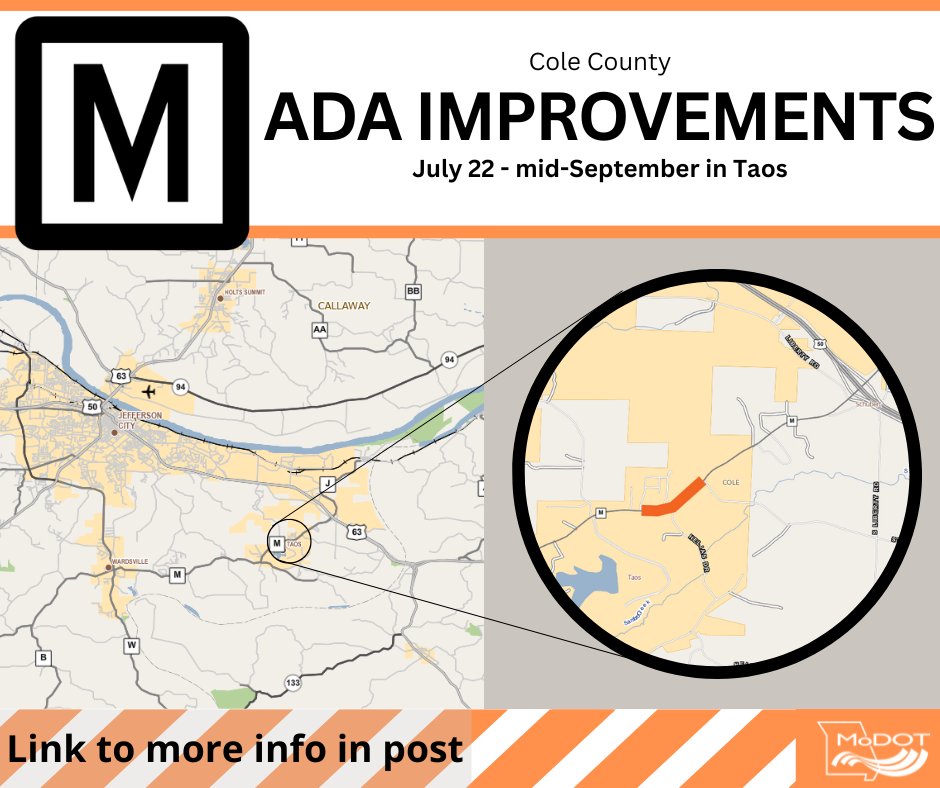 MoDOT_Central's tweet image. ALERT: Sidewalk work planned in Jefferson City, Wardsville, Taos, and Frankenstein!
Starting Tuesday, July 22, crews will begin work in Taos on Cole County Route M from Firehouse Lane to east of Stoney Gap Road.
More info: modot.org/node/72470