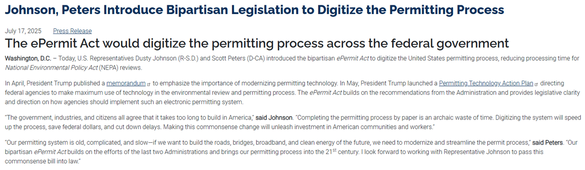 globalenergy's tweet photo. We applaud @RepDustyJohnson and @RepScottPeters for their innovative approach to modernizing the federal permitting process through the ePermit Act. 👏👏👏

By establishing a digital permitting portal and standardized data framework for permitting documents, this legislation would:

✔️ enhance clarity, uniformity, and efficiency across federal agencies
✔️improve transparency
✔️facilitate real-time collaboration
✔️ensure better public access

If passed, this would streamline the #permitting process and our ability to develop critical #infrastructure that will benefit Americans across the country. 
#PermitAmericatoBuild⚒️ 

Full release: https://t.co/BzISeJo9Sn