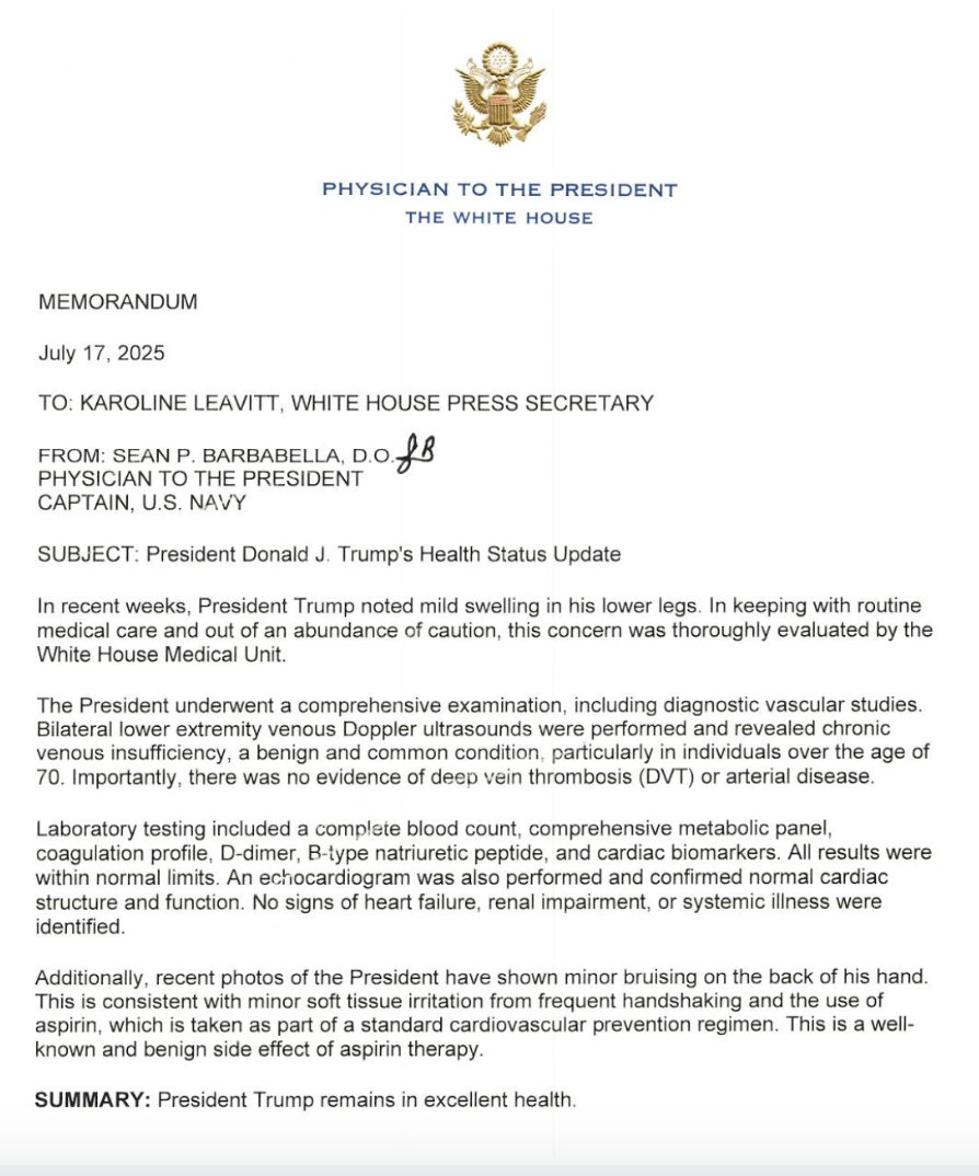 meridithmcgraw's tweet image. White House releases a memo from Dr. Barbabella on "mild swelling" in President Trump's lower legs: