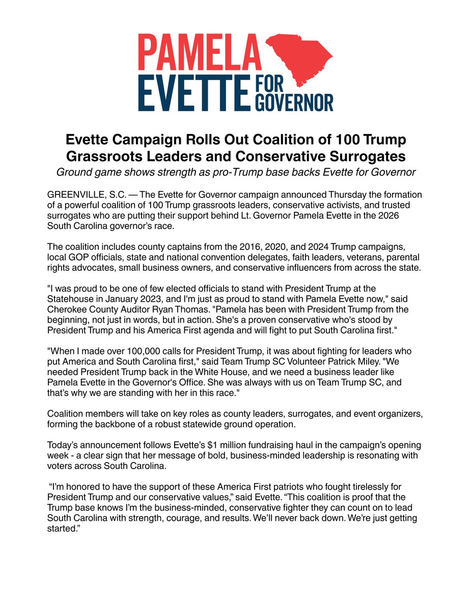 PamelaEvette's tweet image. "We needed President Trump back in the White House, and we need a business leader like Pamela Evette in the Governor's Office. She was always with us on Team Trump SC, and that’s why we are standing with her in this race." - Team Trump SC Volunteer Patrick Miley.
Earlier today,…