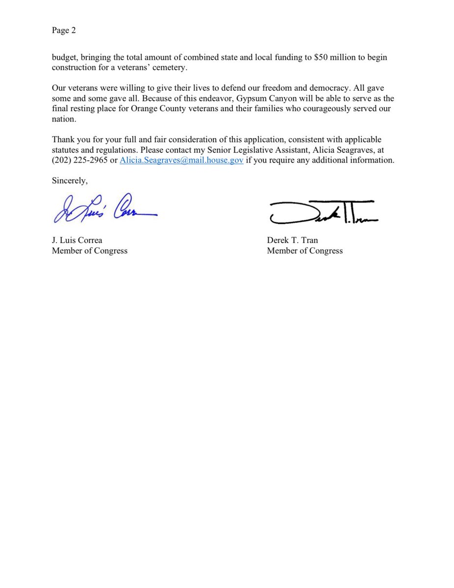 RepDerekTranCA's tweet image. Our Orange County Veterans have made the highest commitment to our country – they deserve an honorable resting place that reflects our unwavering gratitude for their service. I joined @RepLouCorrea to urge the VA to support the construction of Gypsum Canyon Veterans Cemetery –…