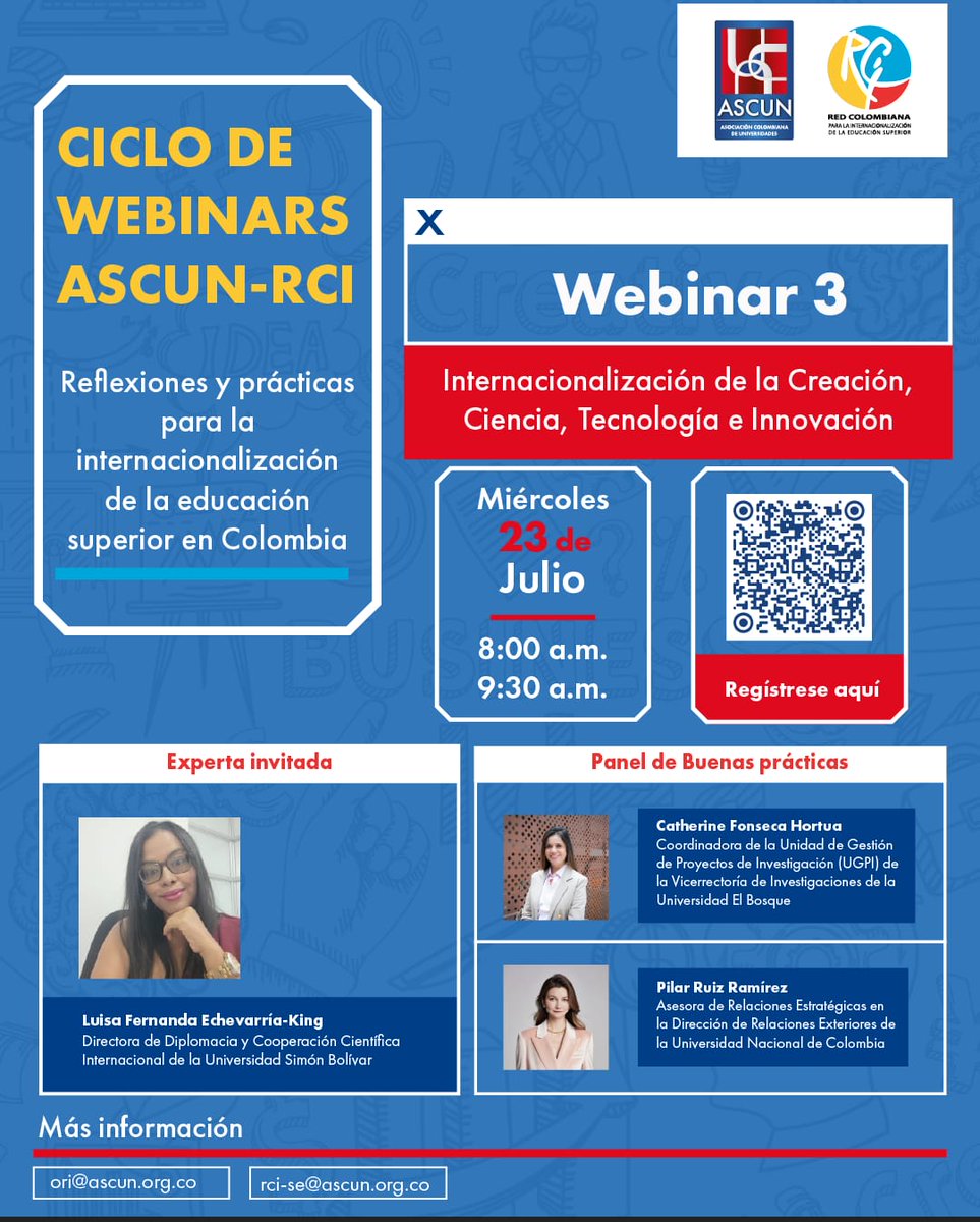 Lecheverriaking's tweet image. Te invitamos al Webinar 3 del ciclo ASCUN–RCI sobre experiencias y reflexiones clave en educación superior en Colombia 🇨🇴🌎
🗓 Fecha: Miércoles 23 de julio
🕗 Hora: 8:00 a. m. – 9:30 a. m.
💻 Modalidad: Virtual
📌 Regístrate aquí 👉 ascun-org-co.zoom.us/meeting/regist…