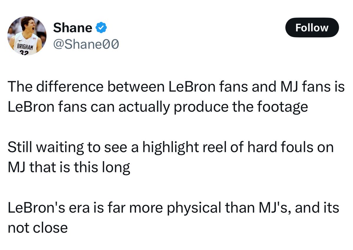 MoryMagisSprts's tweet image. “LeBron’s era is far more physical than MJ’s & it’s not close.”
This delusion is from the same person that claims 3-peats are bad & that 3-6 (bubble don’t count) is better than 6-0.
Thanks Bron for birthing nutjobs like Shane-dy. @Shane00