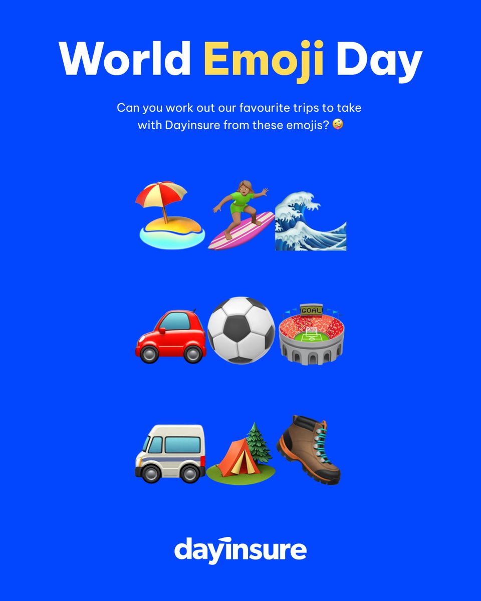 Happy World Emoji Day! 🥳 

Can you work out our favourite trips to take with Dayinsure from these emojis? 👀 

With cover from 1 hour to 30 days, where will your cover take you 🏖️🏕️🏟️✨🚙  

#worldemojiday #carinsurance #roadtrip