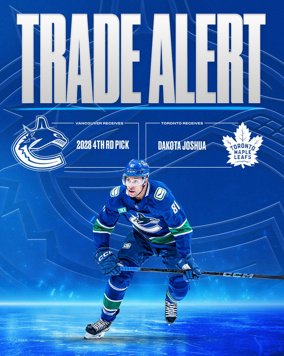 Canucks's tweet image. General Manager Patrik Allvin announced today that the #Canucks have acquired a 4th round pick in the 2028 NHL Entry Draft from the Toronto Maple Leafs in exchange for Dakota Joshua.
DETAILS | vancanucks.co/4ocxJ8X