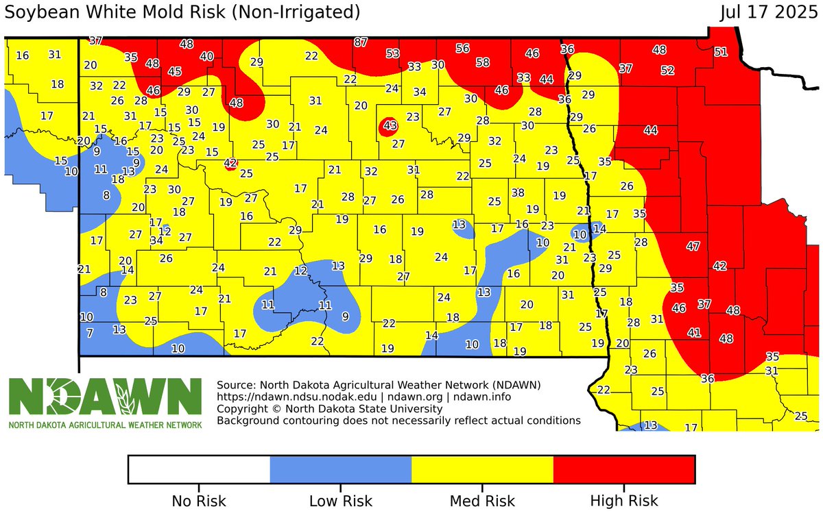 GrantMehring's tweet photo. On some of your growthier soybean ground, irrigated fields, or white mold risk fields for soybeans we have a solid amount of risk in the near term. https://t.co/HD0UjZME7S