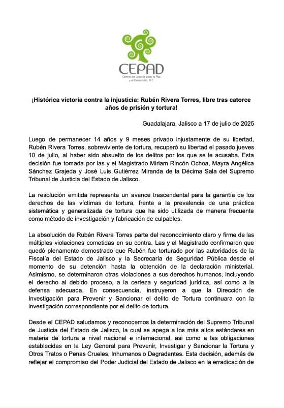 CEPAD_AC's tweet image. ⛓️💥 ¡Rubén Rivera Torres es libre!
✊🏽 Luego de pasar 14 años y 9 meses en prisión de manera injusta por un delito que no cometió, fue puesto en libertad el pasado jueves 10 de julio.
⚖️ La resolución emitida por el @supremotribjal resulta trascendental frente a la…