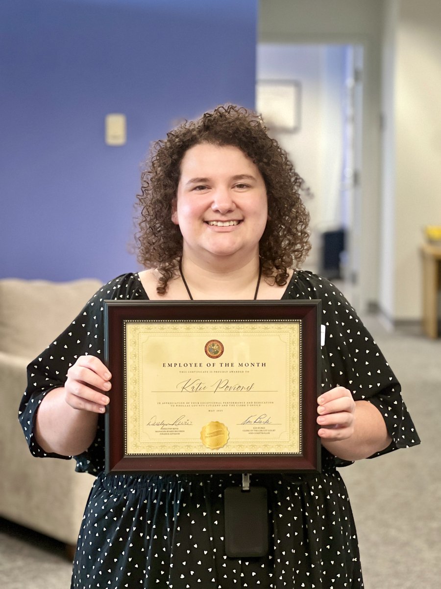 PinellasClerk's tweet photo. Congratulations to Senior Board Records Specialist, Katie Poviones, the Clerk’s May Employee of the Month! Katie was recognized by Clerk Burke and her leadership team this afternoon. #PinellasClerk #ServingYou https://t.co/XCIKqbCKnv